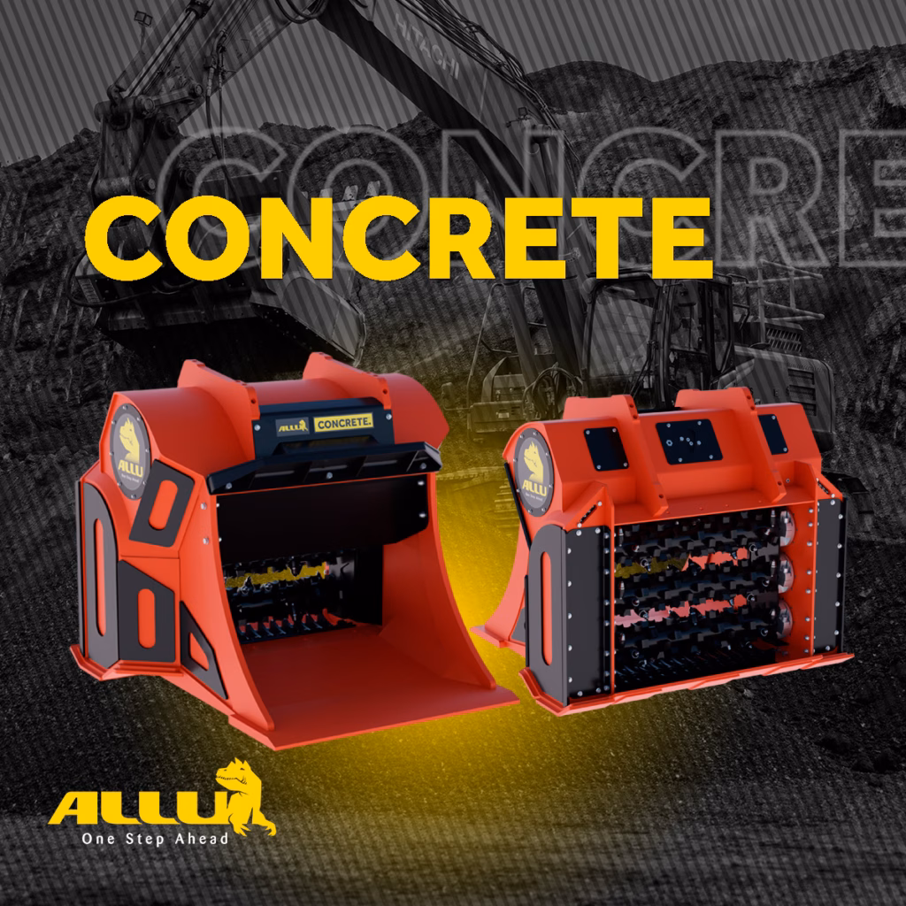 ALLU's new Concrete Bucket on a dark background showing the front and back of the attachment.